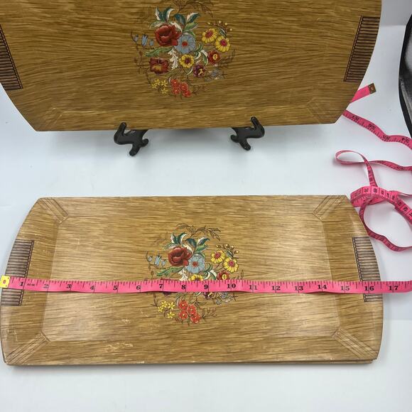 Vintage Set 3 HASKO Faux Wood Ornamental Floral Roses Lithograph Serving Trays - Picture 4 of 7